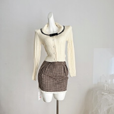 批发迟伞伞26/ss 海港初雪 海军风大翻领修身针织衫上衣<b class='q'>千鸟格</b>纹短裙
