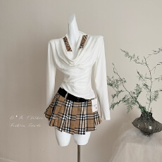 批发Thas9i九亿 格纹拼接<b class='q'>修身</b>弹力学院风荡领打底衫女撞色百褶半身裙