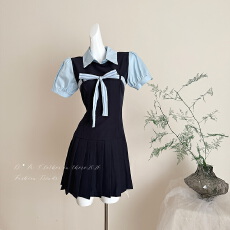 批发Even一雯高智miu王韩系高智假两件miu系<b class='q'>连衣裙</b>学院风<b class='q'>百褶</b>短裙