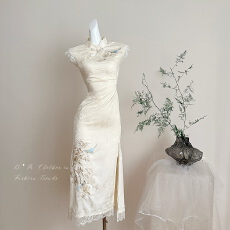 批发Blovelan青鸟衔芳 新中式重工花鸟刺绣提花改良旗袍蕾丝拼接长裙