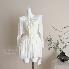 批发Mejiu云汀浅白<b class='q'>蕾丝</b>性感纯欲白色蝴蝶结时尚设计感开衫连衣裙