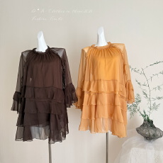 批发乌木甜茶RARE ZZ法式轻柔飘逸<b class='q'>喇叭袖</b>荷叶边慵懒风蕾丝<b class='q'>连衣裙</b>