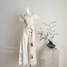 批发织造司枝头雀语新中式国风仿麻刺绣上衣宋裤阔腿裤<b class='q'>长裤</b>两件<b class='q'>套装</b>