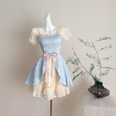 批发Blovelan马卡龙之梦 少女蝴蝶结<b class='q'>提花</b>雪纺方领公主蛋糕蓬蓬<b class='q'>连衣裙</b>