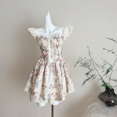 批发Bull0313一个叁花屿云箩 甜美飞袖碎花收腰公主蓬蓬连衣裙短