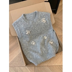批发实拍 设计感钉珠立体花朵重工串珠流苏针织马甲毛衣背心