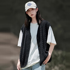批发实拍复古麻花针织<b class='q'>马甲</b>女V领单排扣开衫背心外套叠穿