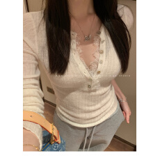 批发e go studio 羊毛微透坑条针织衫睫毛蕾丝边系扣长袖<b class='q'>T</b><b class='q'>恤</b>纯欲上衣