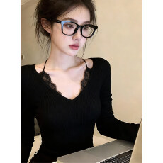 法式高级感黑色v领挂脖针织衫女春季设计感单穿弹力修身显瘦上衣