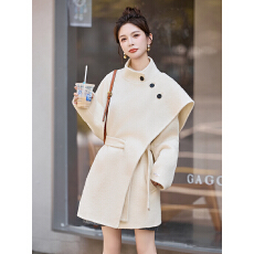 批发双面呢披肩双面呢大衣女秋冬新款系带收腰<b class='q'>中长款</b>毛呢大衣