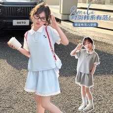批发<b class='q'>女</b><b class='q'>童</b>夏装套装2026新款儿童洋气polo领短袖大童女孩运动短裤两件套