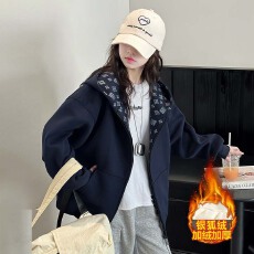 批发女童装加绒外套秋冬2025新款印花连帽上衣中大童连帽卫衣加厚开衫