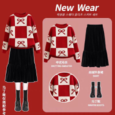 批发女童冬季连衣裙2026新款儿童圣诞节新年毛衣<b class='q'>套装</b>中大童秋冬拜年服