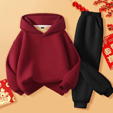 批发(华棉复合羊驼绒450克)黑色裤儿童卫衣酒红连帽加绒<b class='q'>套装</b>