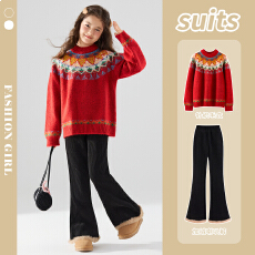 女童红色毛衣套装秋冬加绒儿童2026新年马年拜年衣服女大童本命年