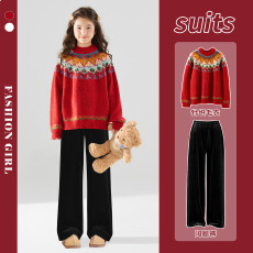 女童毛衣套装儿童2026秋冬新款中式大童红色马年本命年加绒拜年服