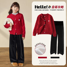 批发<b class='q'>女童</b>毛<b class='q'>衣</b>套装儿童2026秋冬新款中式大童红色马年本命年加绒拜年服