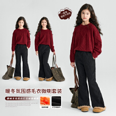 批发<b class='q'>女童</b>红色<b class='q'>毛衣</b>套装秋冬加绒儿童2026新年马年拜年衣服女大童本命年