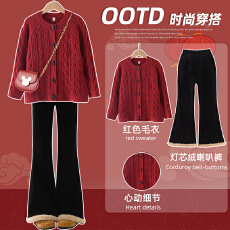 批发<b class='q'>女童</b>红色<b class='q'>毛衣</b>套装秋冬加绒儿童2026新年马年拜年衣服女大童本命年
