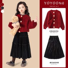 批发<b class='q'>女</b><b class='q'>童</b>冬季套装2026新款儿童秋冬红色毛衣新年圣诞<b class='q'>裙</b>子巨好看拜年服