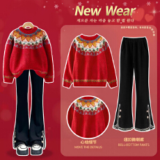 批发<b class='q'>女童</b>套<b class='q'>装</b>初中生费尔岛红色针织毛衣圣诞穿搭喇叭阔腿裤加绒加厚