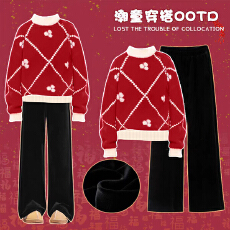 批发<b class='q'>女童</b>冬<b class='q'>季</b>套装2026新款巨好看冬装儿童红色毛衣圣诞大童红色拜年服