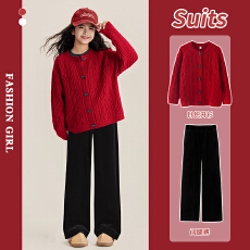 批发<b class='q'>女童</b>冬<b class='q'>季</b>套装2026新款巨好看冬装儿童红色毛衣圣诞大童红色拜年服