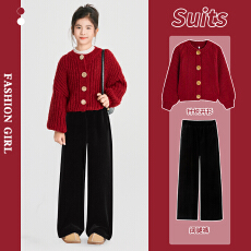 批发<b class='q'>女童</b>冬<b class='q'>季</b>套装2026新款巨好看冬装儿童红色毛衣圣诞大童红色拜年服