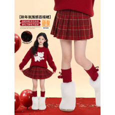 批发<b class='q'>女童</b><b class='q'>毛</b>呢裙子秋冬圣诞新款<b class='q'>短裙</b>红色女大童格子裙春秋款儿童半身裙