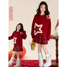 批发女孩新年衣服2026新款<b class='q'>女</b><b class='q'>童</b>洋气格子百褶<b class='q'>裙</b>冬装儿童红色本命年毛衣