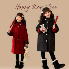批发<b class='q'>女童</b>红色<b class='q'>毛呢大衣</b>外套秋冬2026新款大童中长款双面穿儿童装拜年服