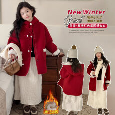 批发<b class='q'>女童</b>加<b class='q'>绒</b>呢子外套秋冬季2026儿童中长新款过年红色毛呢大衣拜年服