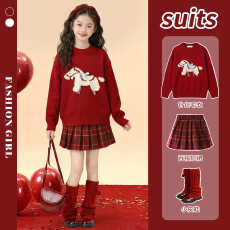 批发女童红色过年套装冬季2026马年超好看新年百褶裙女孩洋气针织上衣