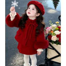 批发女宝过年红色套装2026秋冬新款儿童洋气小香风毛呢外套背心裙拜年