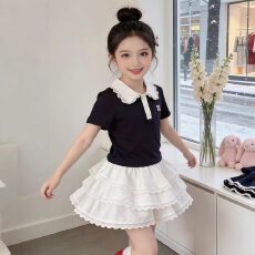 批发<b class='q'>女童</b>短<b class='q'>袖</b>T恤花边裙套装2026夏季新款中大儿学院风POLO上衣两件套