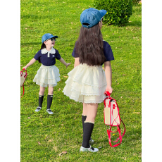 批发<b class='q'>女童</b>短<b class='q'>袖</b>T恤花边裙套装2026夏季新款中大儿学院风POLO上衣两件套