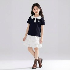 批发<b class='q'>女童</b>短<b class='q'>袖</b>T恤花边裙套装2026夏季新款中大儿学院风POLO上衣两件套