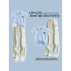 批发<b class='q'>女童</b>夏<b class='q'>季</b>工装裤套装2026年中大童短袖polo杉T恤薄款阔腿裤两件套