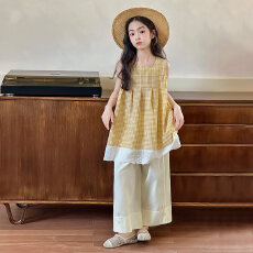 批发<b class='q'>女</b><b class='q'>童</b>2026夏季新款套装格子洋气潮流娃娃儿童女孩阔腿裤薄款两件套