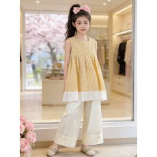 批发<b class='q'>女</b><b class='q'>童</b>2026夏季新款套装格子洋气潮流娃娃儿童女孩阔腿裤薄款两件套