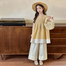 批发<b class='q'>女</b><b class='q'>童</b>2026夏季新款套装格子洋气潮流娃娃儿童女孩阔腿裤薄款两件套