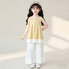 批发<b class='q'>女</b><b class='q'>童</b>2026夏季新款套装格子洋气潮流娃娃儿童女孩阔腿裤薄款两件套