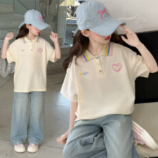 批发<b class='q'>女童</b>短<b class='q'>袖</b>t恤夏装2026新款中大童爱心绣花polo衫翻领纯棉上衣洋气9