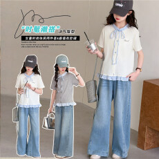 批发女<b class='q'>童</b><b class='q'>学院风</b>条纹<b class='q'>开衫</b>拼接<b class='q'>长袖</b><b class='q'>T</b><b class='q'>恤</b>夏季2026新款中大<b class='q'>童</b>洋气上衣