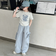 批发女<b class='q'>童</b><b class='q'>夏季</b><b class='q'>新</b>款蝴蝶结印花抽绳T恤女大<b class='q'>童</b>洋气炸街短袖t工装裤两件套