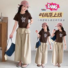 批发女童休闲套装<b class='q'>夏</b>季2026新款韩版大童薄款棕色印花短袖阔腿裤两件套