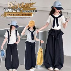 批发女童<b class='q'>夏</b>季女孩韩系穿搭蝴蝶结领带短袖<b class='q'>T</b><b class='q'>恤</b>休闲花边工<b class='q'>装</b><b class='q'>裤</b>大童套<b class='q'>装</b>9