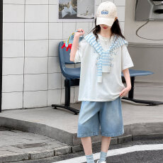 批发纯棉上衣 <b class='q'>女童</b>短<b class='q'>袖</b>夏装儿童洋气百搭学院风上衣中大童条纹披肩T恤