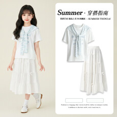 批发纯棉上衣 <b class='q'>女童</b>夏<b class='q'>装</b>套装大童女孩白色短袖t半身裙儿童公主裙两件套