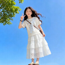 批发纯棉上衣 <b class='q'>女童</b>夏<b class='q'>装</b>套装大童女孩白色短袖t半身裙儿童公主裙两件套